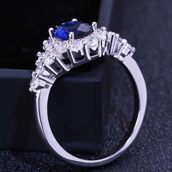 Noble Oval Flower Dainty Royal Blue 925 Silver Ring for Women, VIP500 - Picture 3 of 8